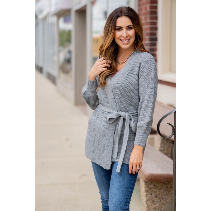 Woven Tie Waist Cardigan Gray S/M