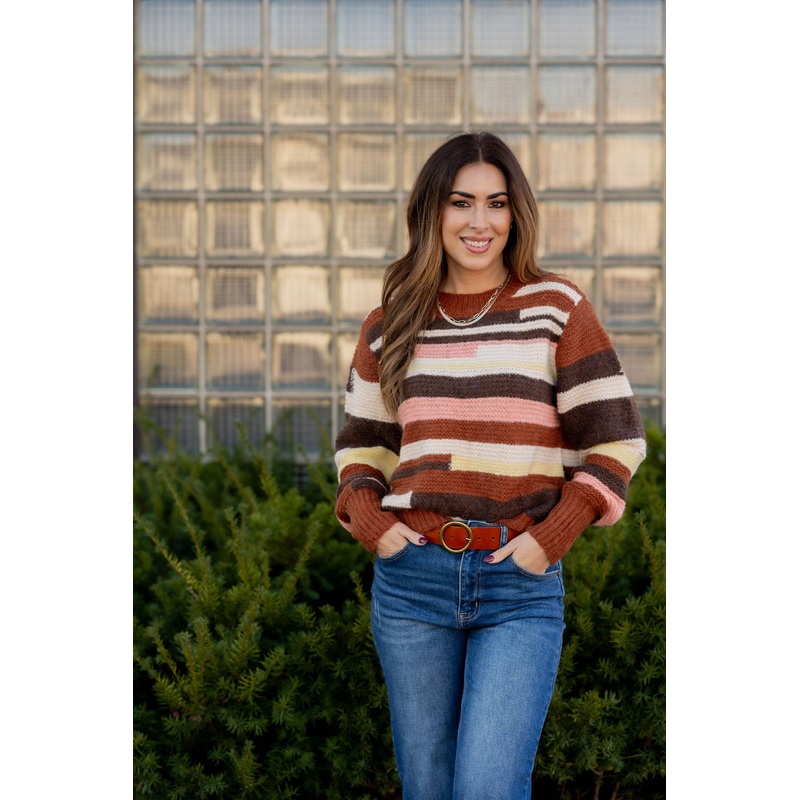 Blocked Stripes Knit Sweater Rust S