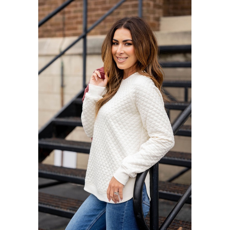 Bold Textured Side Slit Sweatshirt Beige S