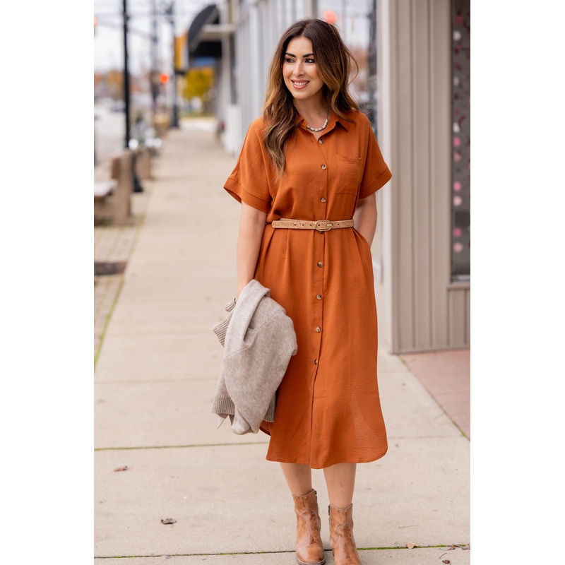 Button Up Short Sleeve Midi Dress Rust S