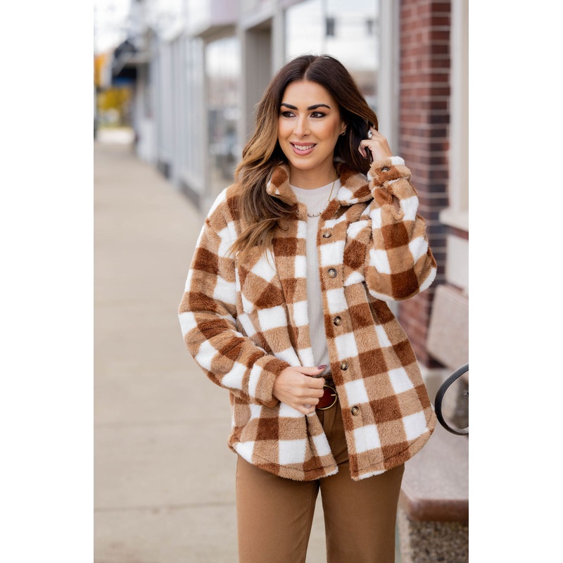 Cozy Check Shacket Cognac S