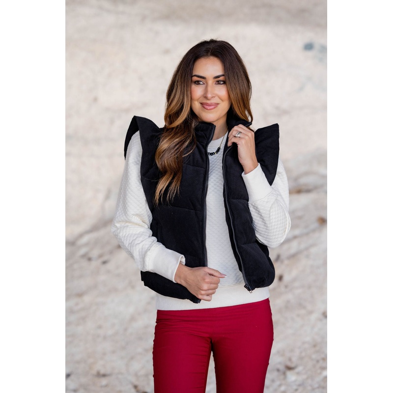Flutter Trim Puffer Vest Black S