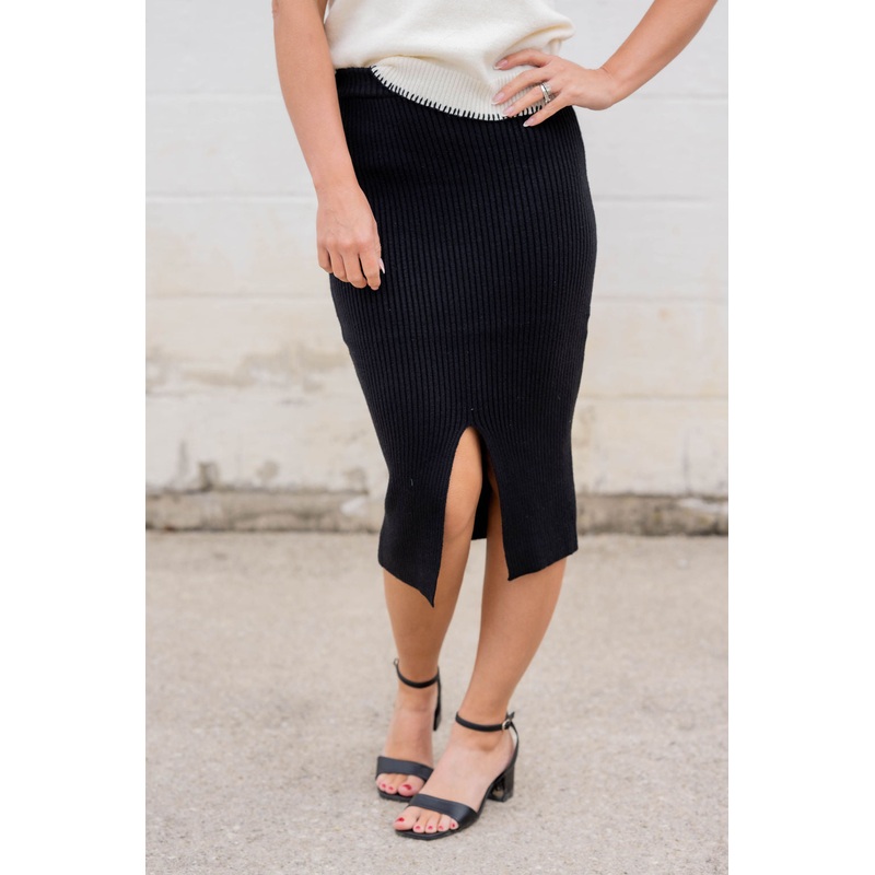 Ribbed Slit Bottom Pencil Skirt Black XS