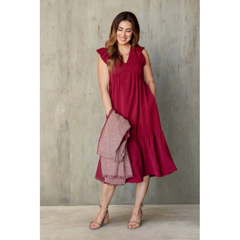 Ruffle Bottom V Midi Dress Hot Pink S