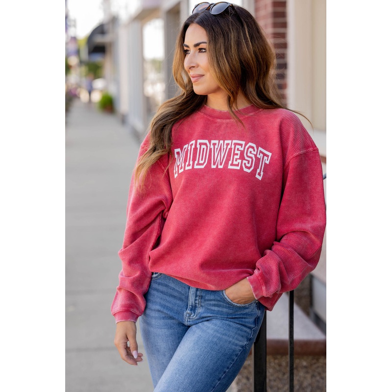 Vintage Outlined Midwest Ribbed Graphic Crewneck Red S
