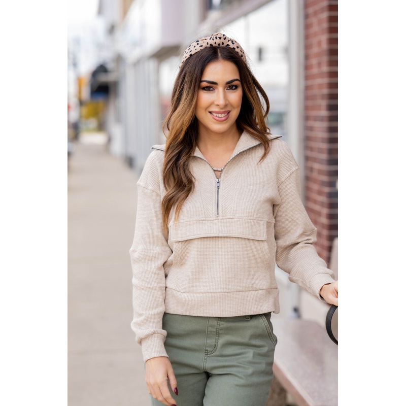 Waffled Pocket Pullover Beige S