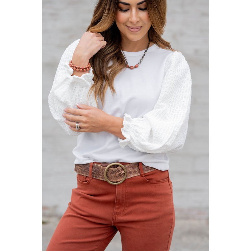 Woven Sleeve Solid Body Blouse Cream S