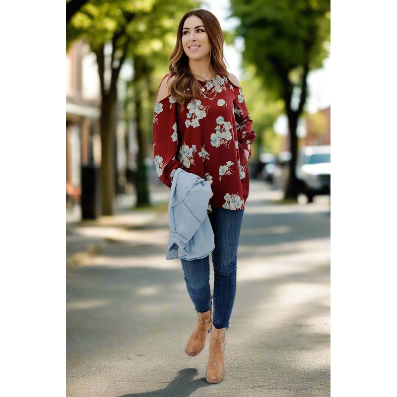 Blossoms Cold Shoulder Blouse Burgundy S