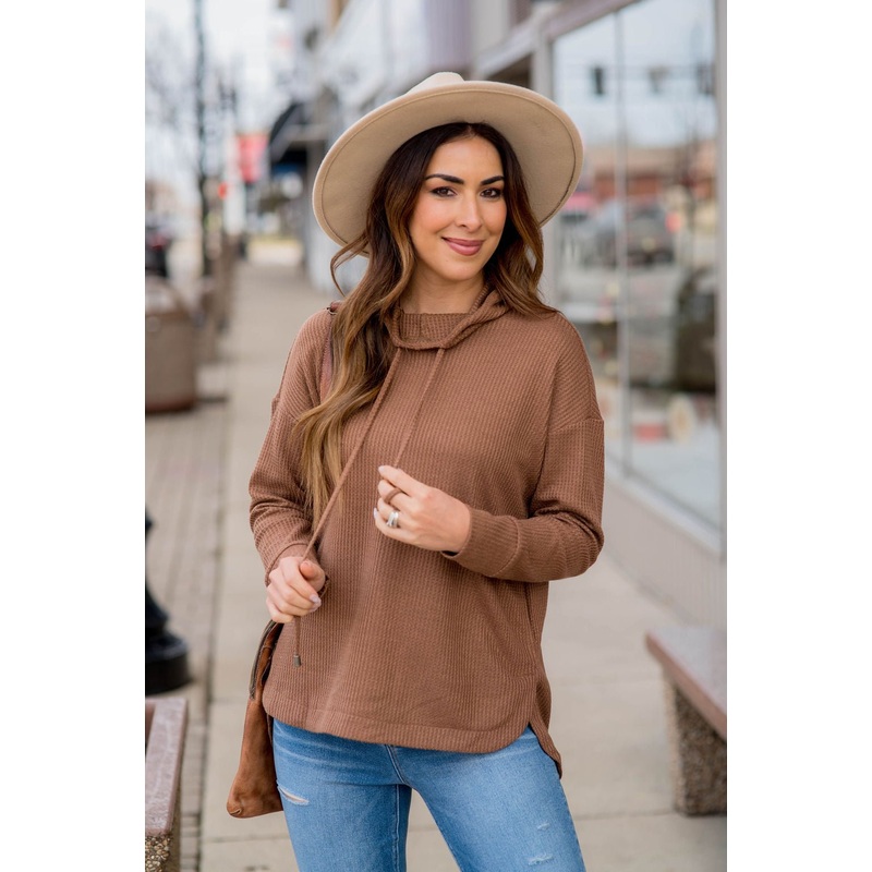 Thermal Side Slit Cowl Neck Sweatshirt Mocha S