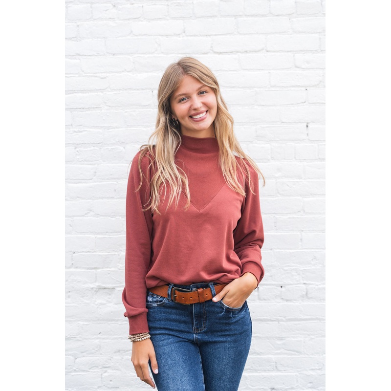 V Accented Mock Neck Sweatshirt Camel S
