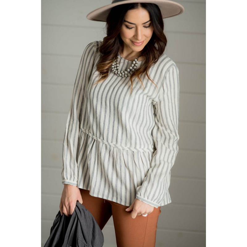 Vertical Striped Ruffle Bottom Blouse – Grey S