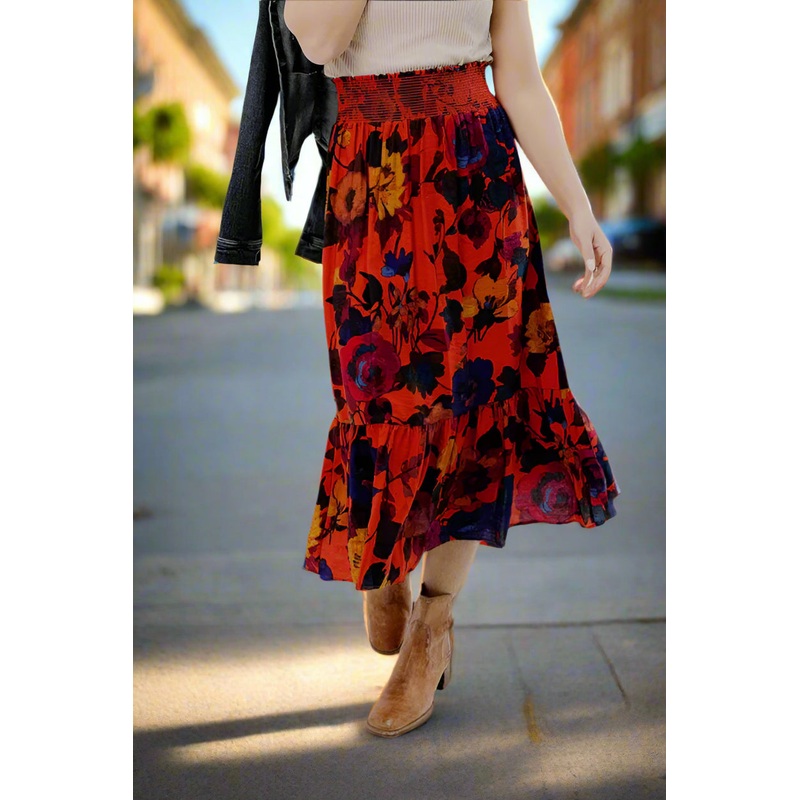 Vivacious Floral Ruffle Bottom Maxi Skirt Ivory S