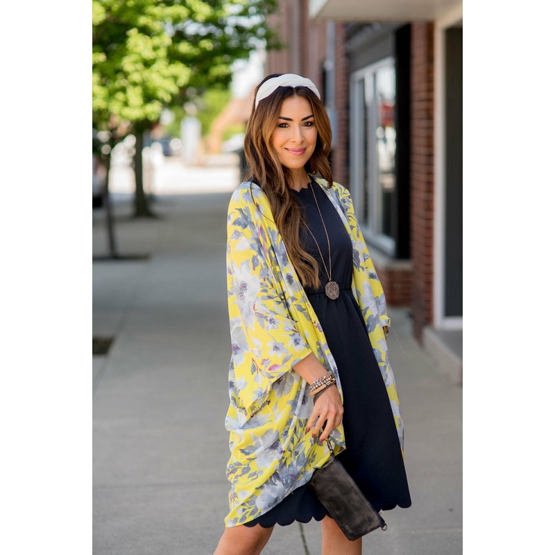 Yellow Gray Floral Kimono S/M