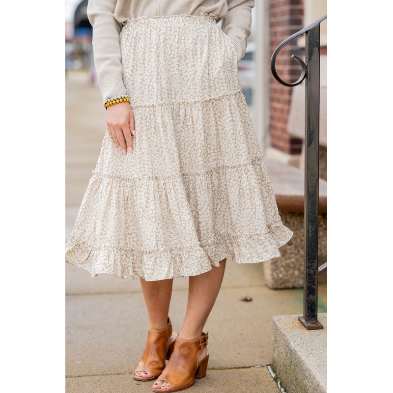 Antique Blooms Tiered Midi Skirt Beige S