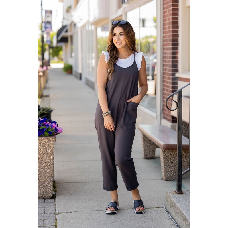 Basic Two Pocket Cropped Tank Jumpsuit Charcoal S