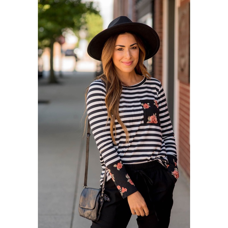 Black Striped Floral Accent Long Sleeve Tee S