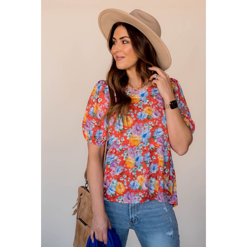 Bold Floral Peplum Blouse Mustard S