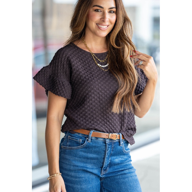 Bold Textured Bell Sleeve Blouse Dark Sage S