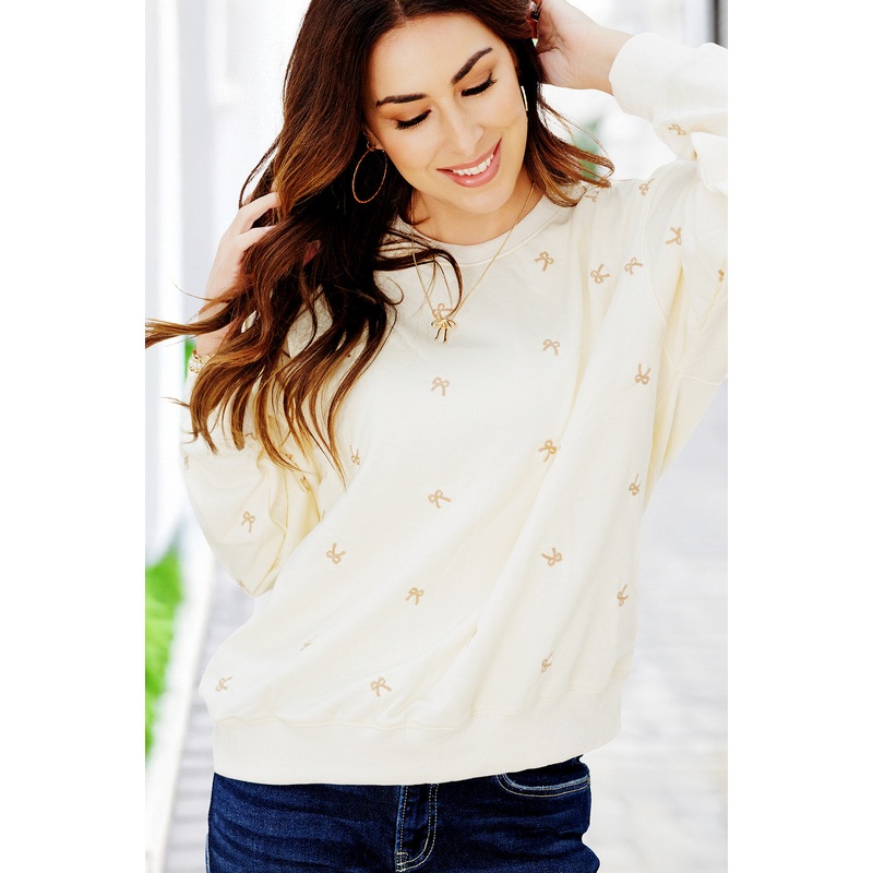 Bow Accented Relaxed Sleeve Sweatshirt Ivory S