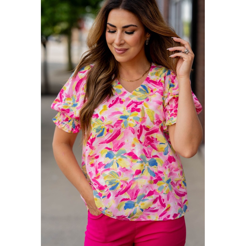 Brush Stroke Puff Sleeve Blouse Mint S