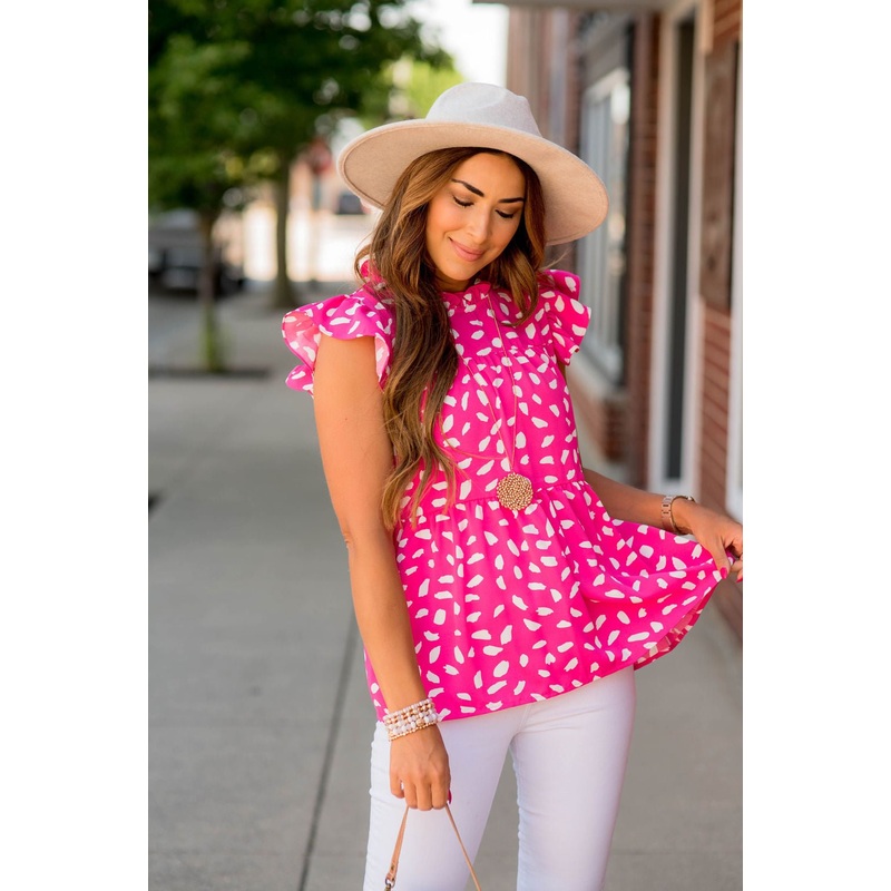 Brushed Spots Ruffle Peplum Tank Hot Pink S