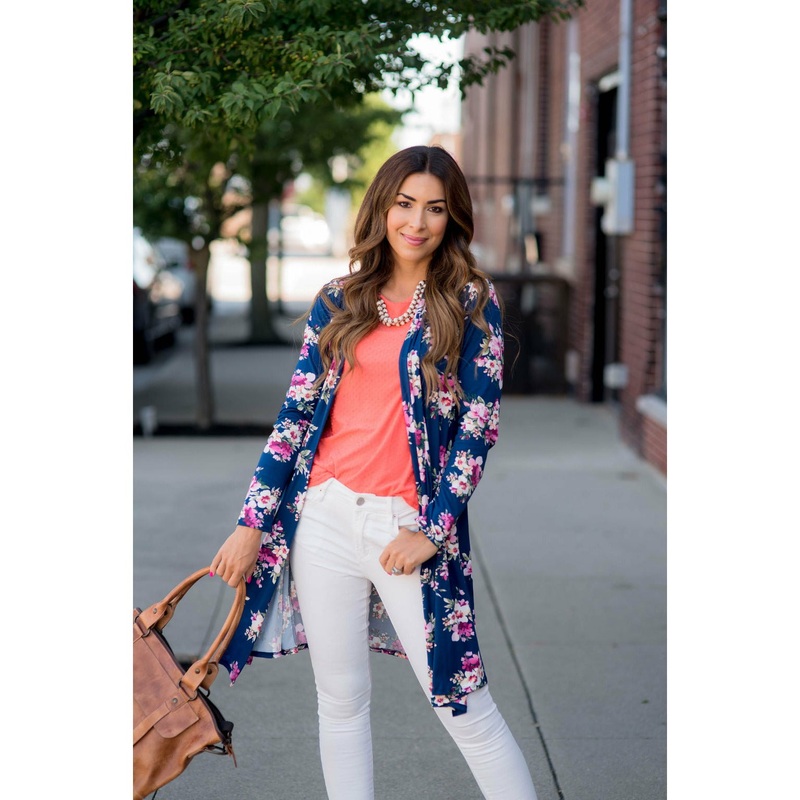Floral Bouquet Printed Tunic Cardigan S Navy