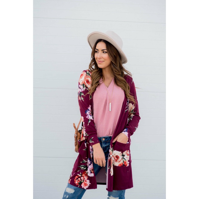 Floral Garden Burgundy Tunic Cardigan S