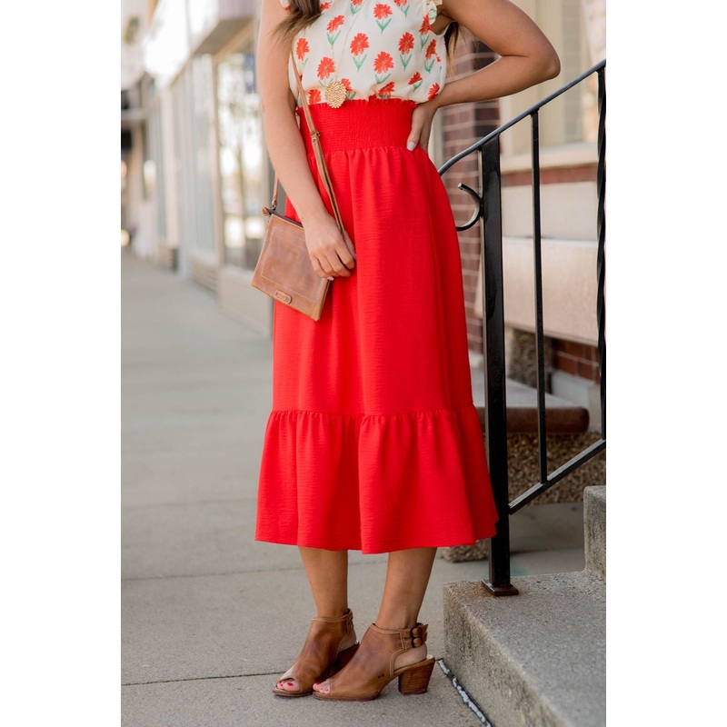 Ruffle Bottom Midi Skirt Coral S