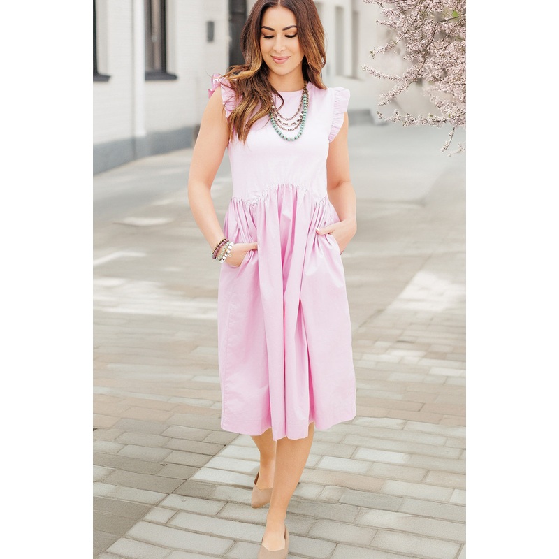 Ruffle Trim Basque Waist Dress Blush S