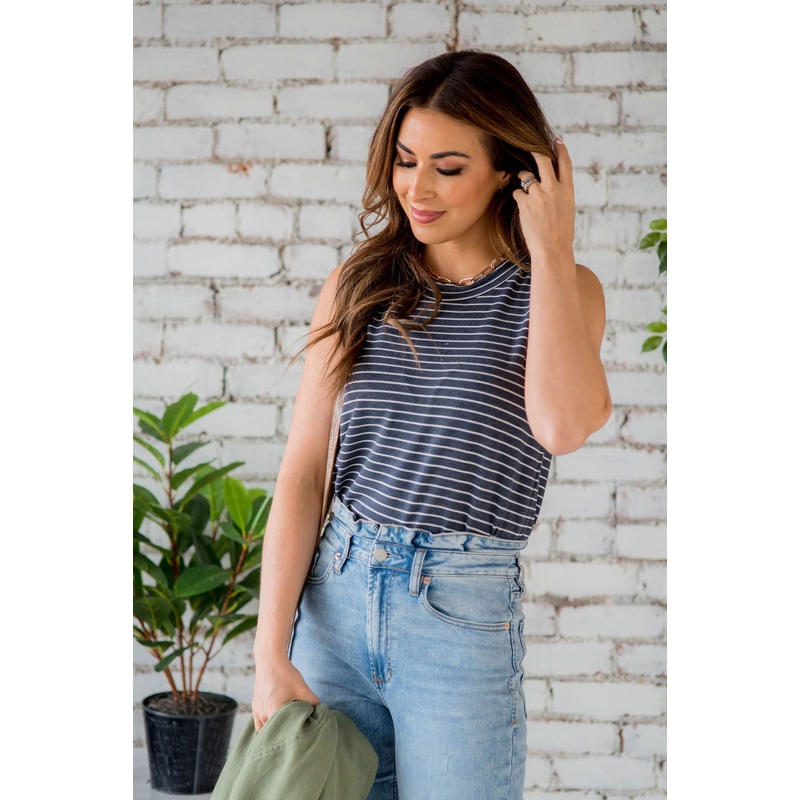 Thin Striped Cut Off Tank Navy S