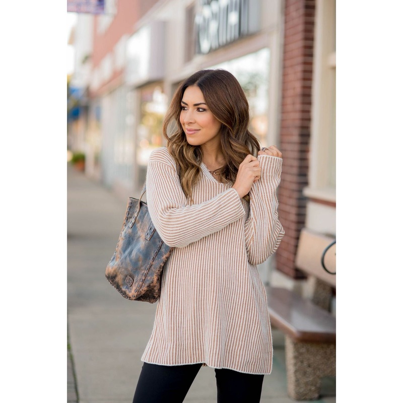 Vertical Striped V Sweater S Camel