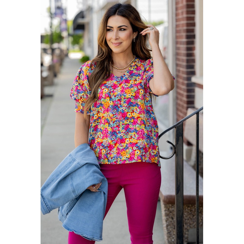 Vibrant Blooms Ruched Puff Sleeve Blouse Hot Pink S