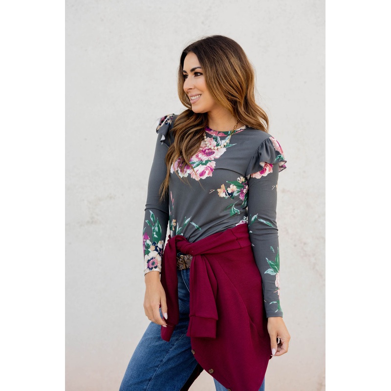 Vibrant Floral Ruffle Shoulder Tee Charcoal S