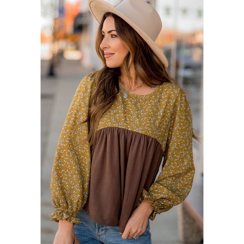 Vintage Floral Accented Blouse Mocha S