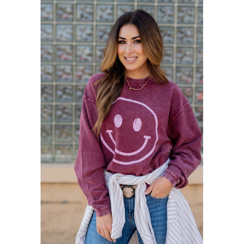Vintage Smiley Face Ribbed Graphic Crewneck Burgundy XS