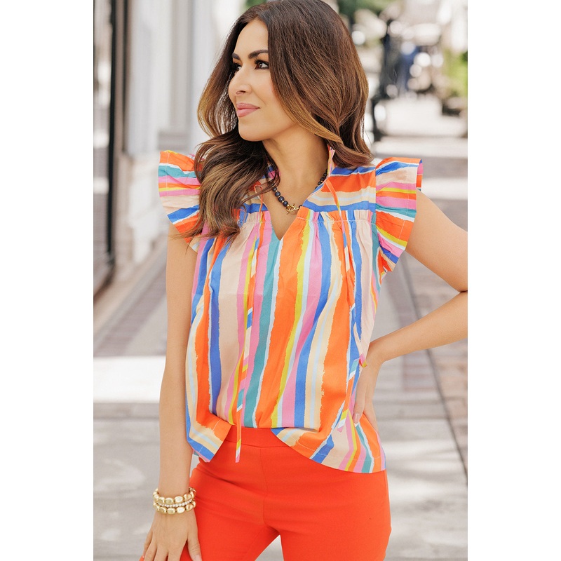 Watercolor Stripes Flutter Trim Blouse Red Coral S
