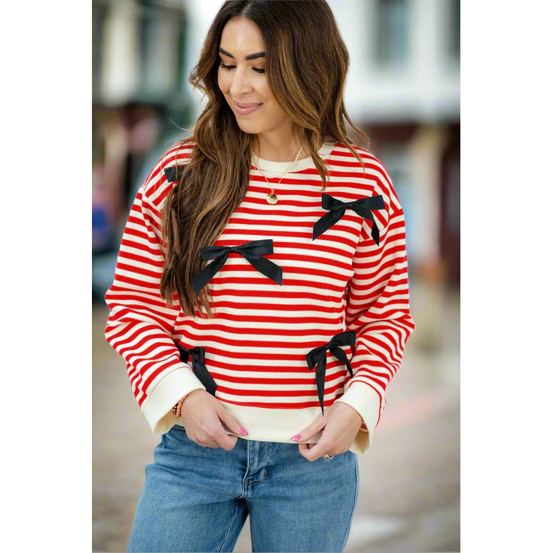 Bow Accented Striped Sweatshirt Red S