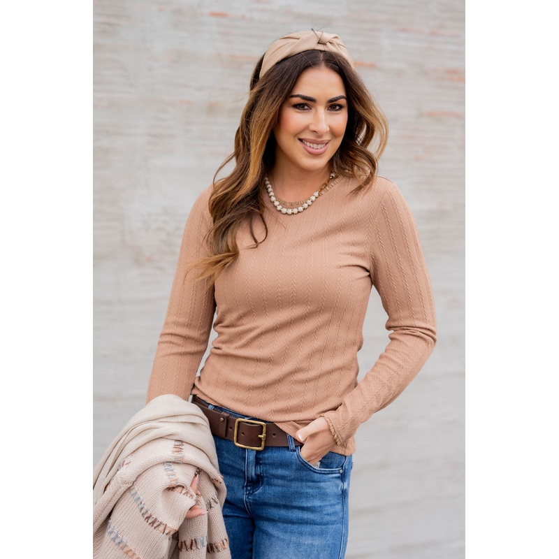 Braided Textured Long Sleeve Tee Camel S