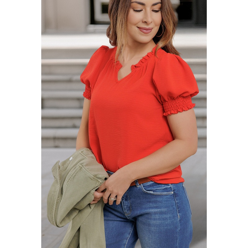 Ruched Puff Sleeve V Blouse Black S