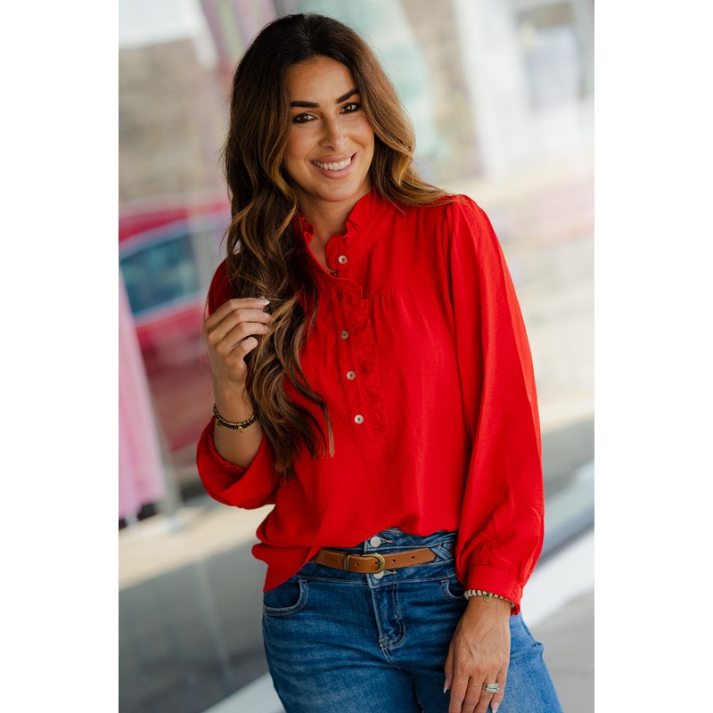 Ruffle Accented Button Top Long Sleeve Blouse Red S