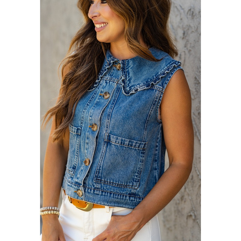 Acid Washed Ruffle Trim Denim Vest Dark Wash S
