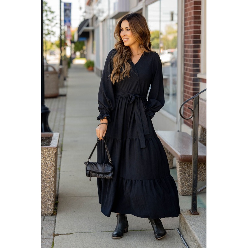Wrap Top Tiered Maxi Dress Black S