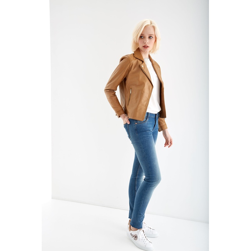 Women’s Round Neck Leather Jacket Camel XS