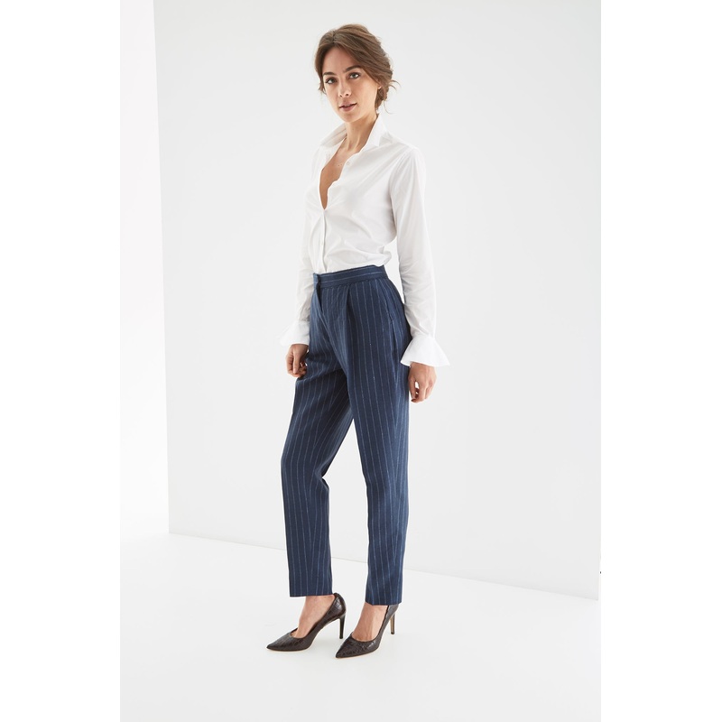 Women’s Striped Linen Classic Trousers Dark Blue 34