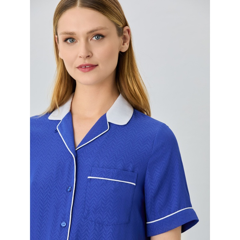 3/4 Sleeves Blouse In Eco Viscose Blend Jarquard Fabric Royal Blue XS