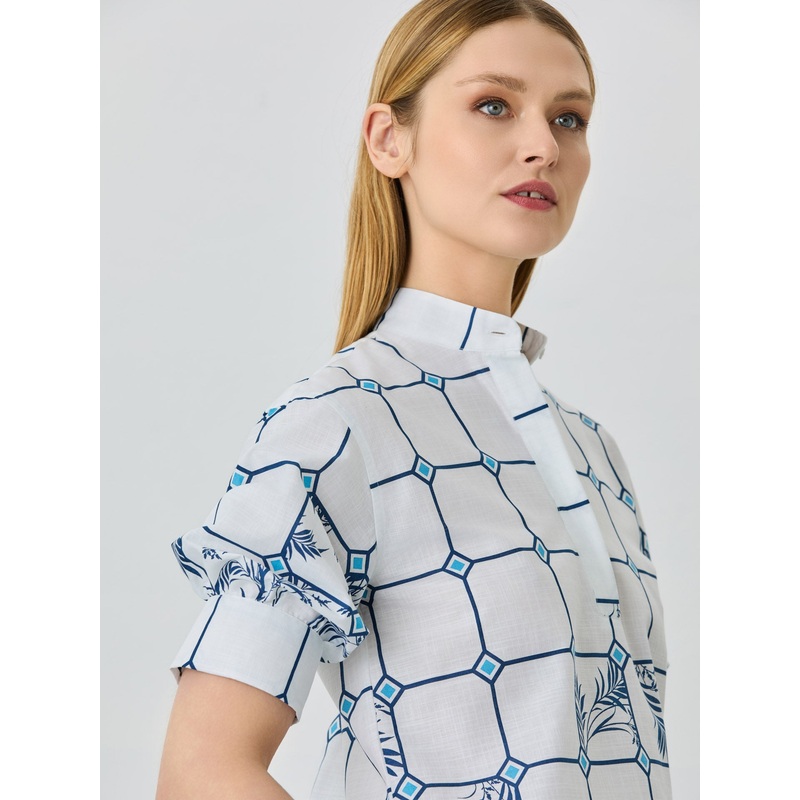 Balloon Sleeves Popover Shirt With Mao Collar In Cotton Jaquard Fabric White XS