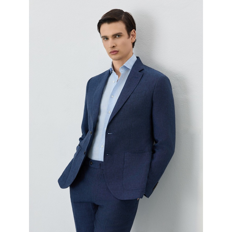 Blazer With Patch Pockets In Linen Dark Blue 42