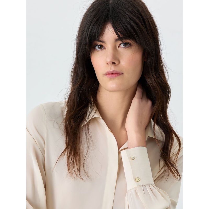Blouse In Crepe Fabric With Top Stitched Collar and Cuffs Light Beige XS