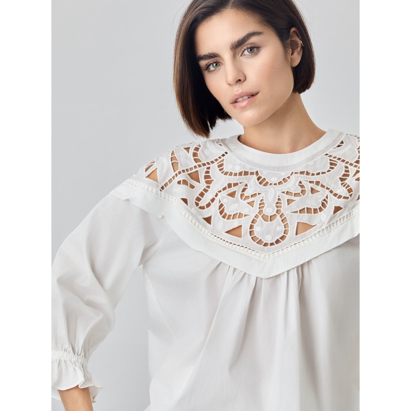 Blouse In Organic Cotton Poplin With English Embroidery Ecru XS