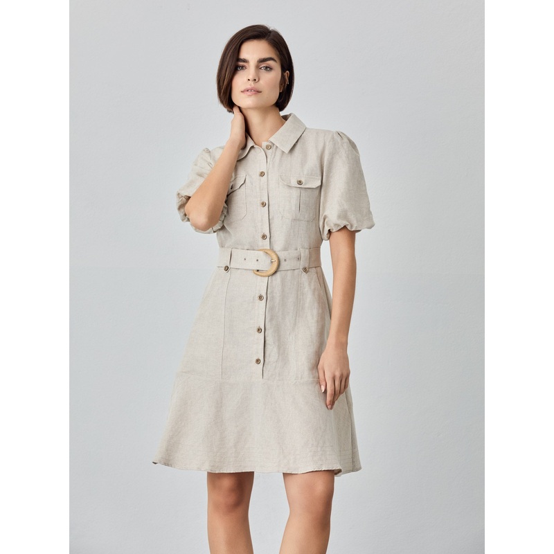 Safari Mini Dress In Cotton Linen Blend Ecru XS